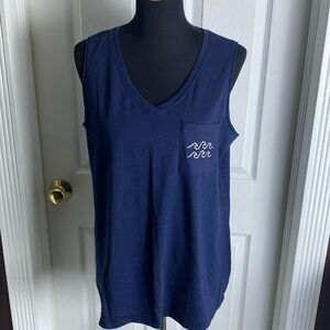 Sonoma Navy Blue Sleeveless Tank Top White Stitched Waves on Chest Pocket L NWOT